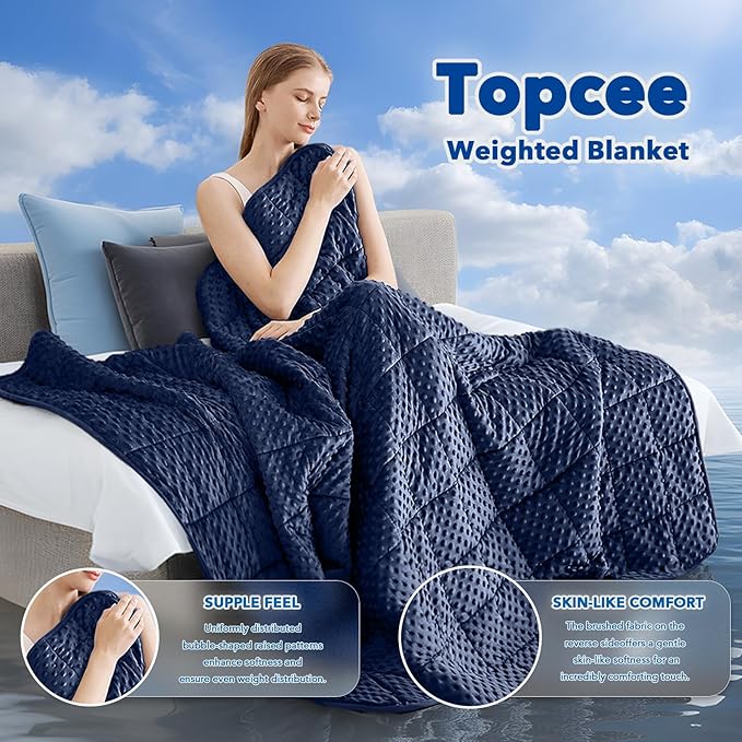 Topcee Weighted Blanket for Adults (20lbs 60"x80"), Minky Dots Heavy Blanket for 190-210lbs Sleeping, Soft, Cozy and Cooling Weighted Throw Blankets, Machine Washable, Blue