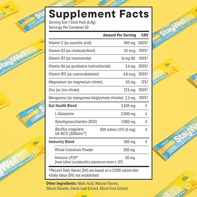Daily Nouri StayWell Digestive & Immunity Drink Mix | Gut Health, Digestion & Bloating Relief | Probiotics, Prebiotics, Colostrum, L-Glutamine, Magnesium, Zinc, Vitamins | 30 Stick Packs
