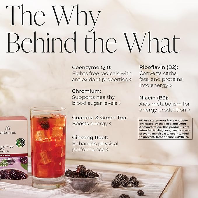Arbonne Ginseng Energy Supplements - Blackberry Flavor Fizz Sticks, Energy Boost with Caffeine Powder from Guarana and Green Tea, Delicious Alternative to Caffeine Pills