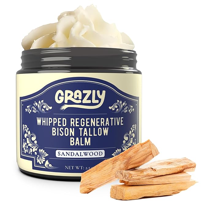 Whipped Bison Tallow Balm w/Manuka Honey, Jojoba, Sandalwood - Grass-Fed & Finished Organic Tallow Face Moisturizer - Face & Body Cream for Acne-Prone Skin - Nourishing Skincare (2.5 oz)