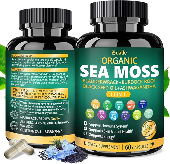 Organic Sea Moss Capsules with Black Seed Oil, Ashwagandha, Bladderwrack, Ginger & Burdock Root – Herbal Complex for Daily Wellness – 60 Capsules (1 Pack)