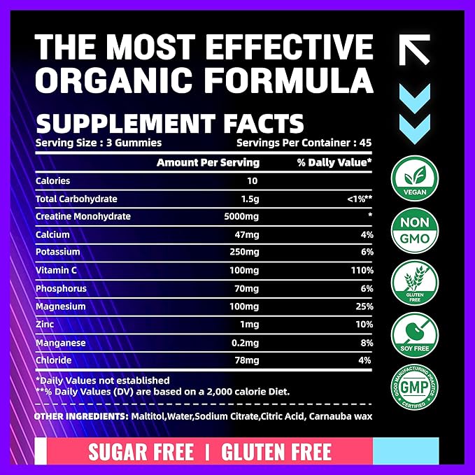 Creatine Monohydrate Gummies (5g) – Pre-Workout Energy & Muscle Growth Support for Men & Women | Blueberry Raspberry Electrolyte Gummies (135 Count)