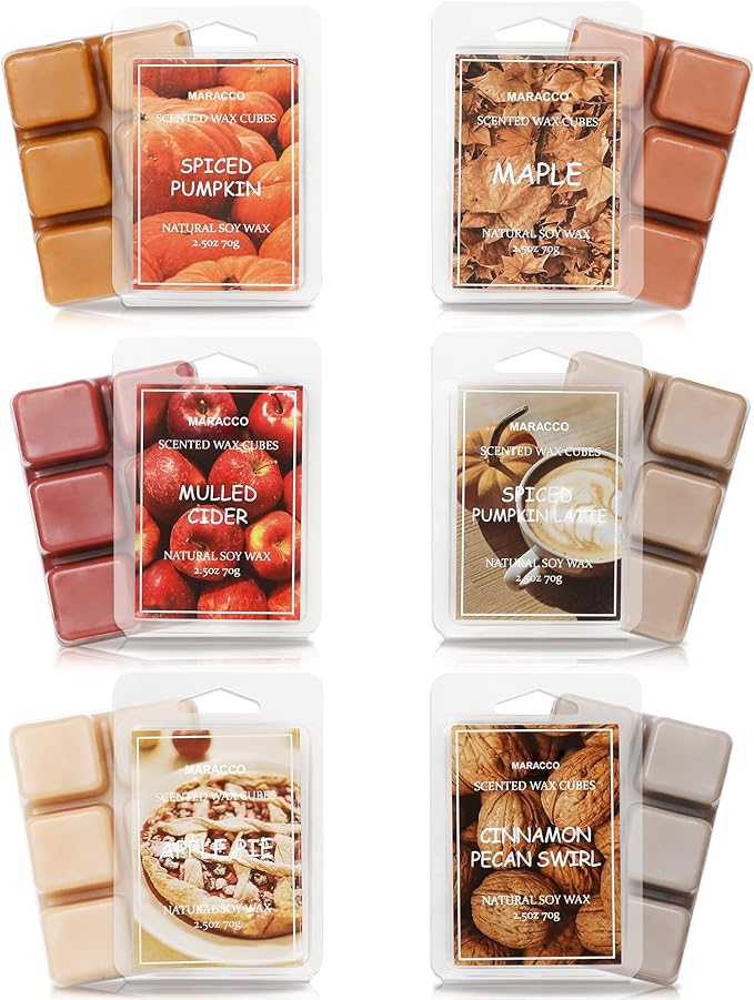 Fall Scented Wax Melts, Soy Wax Cubes for Wax Warmer, Autumn Strong Scent - Apple Pie/Mulled Cider/Pumpkin Spice/Maple/Spiced Pumpkin Latter/Cinnamon Pecan, 6 x 2.5 oz