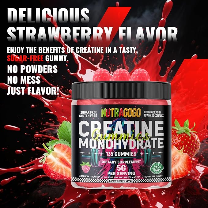 Creatine Monohydrate Gummies for Men & Women-5g of Creatine Monohydrate per Serving - Sugar Free,Vegan, Strawberry Electrolyte Chews, 135 Count