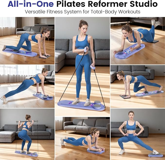 Pilates Board, Foldable Pilates Reformer Set with Timer, 8-in-1 Multi-Purpose Portable Pilates Machine for Home Workout, Pilates Reformer Kit for Full Body Workout, Abs Trainer, Core Strength