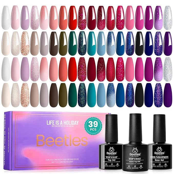 Beetles Winter Gel Polish Set 39Pcs Red Burgundy Blue Green Nude Pink Purple Gel Nail Polish with Base Top Coat for Manicure Lovers DIY at Home UV LED Needed Gift for Women Enchanted Jewelry