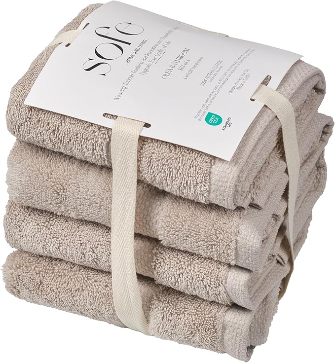 SOFE H&L | Olea Luxury Turkish Cotton Hand Towels Set of 4 Sand | Premium, Soft, Durable, Absorbent | Hotel Quality Plush Towels and Thick Towel Sets