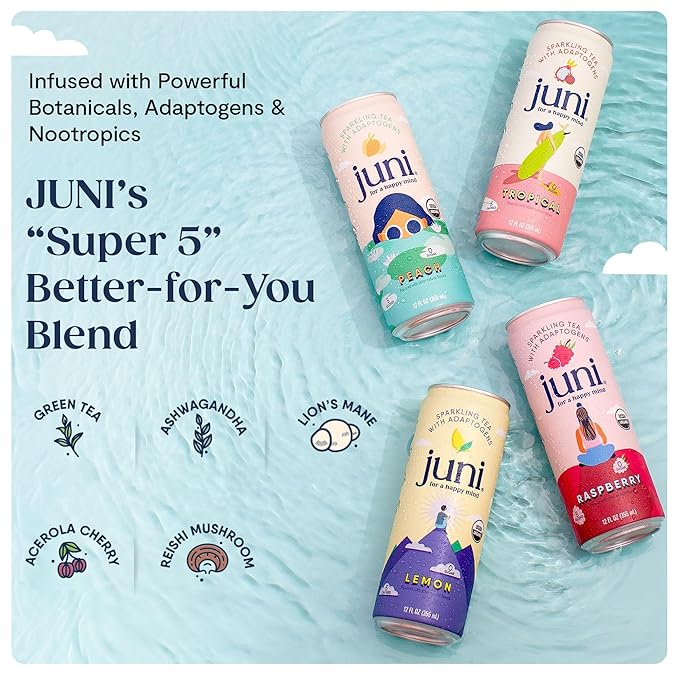 Juni Sparkling Adaptogen Drink with Ashwagandha, Lion’s Mane & Reishi Mushrooms | Green Tea for Focus, Zero Sugar, 10 Calories, Organic | Non Alcoholic Drinks - Lemonade Iced Tea 12 pack