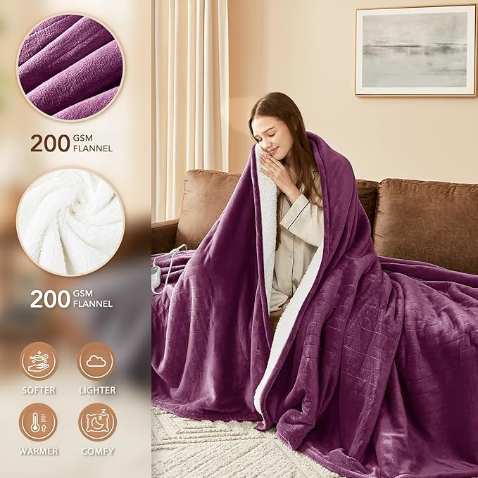 Homemate Electric Heated Blanket King - 100"x90" Heating Bed Blankets Throw with 10 Heating Levels 8 Hours Auto Off Fast Heating Over-Heated Protection Ultra Soft Warm Flannel ETL Certified Purple