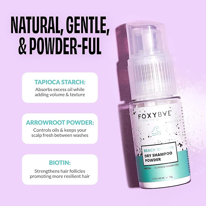 FoxyBae Beach Whisper Dry Shampoo Powder – Non-Aerosol Formula with Biotin, Tapioca & Arrowroot – Absorbs Oil & Adds Volume – For Dark, Brunette, Blonde & Color-Treated Hair – 1.3 oz Spray Pump