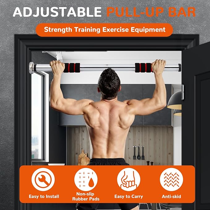 Pull Up Bar for Doorway 23.6in Adjustable Door Mounted Heavy Duty Steel Body Workout Chin Up for Home Exercise Fitness(Red)