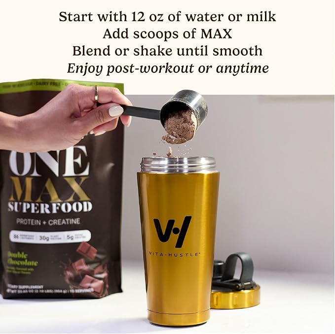 VitaHustle ONE Max Protein + 5g Creatine, 30g Plant Protein Powder, All-in-One Meal Replacement Shake with Greens, Adaptogens, Ashwagandha, Probiotics & Vitamins – Vanilla Ice Cream, 15 Servings