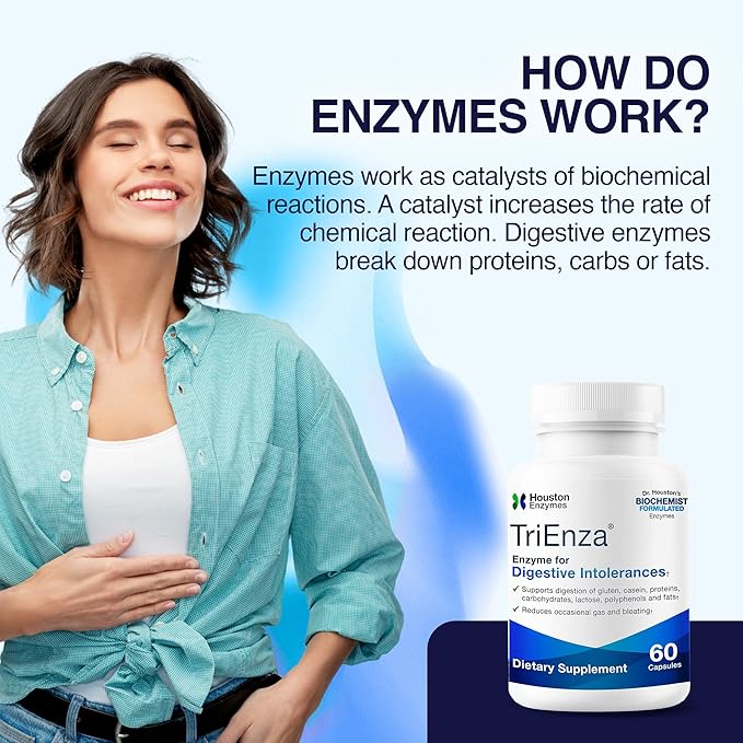 Houston Enzymes TriEnza - Digestive Enzyme Supplement for Gluten, Casein, Soy, Proteins, Carbohydrates, Fats & Polyphenols - Digestive Enzymes for Women & Men (60 Capsules)