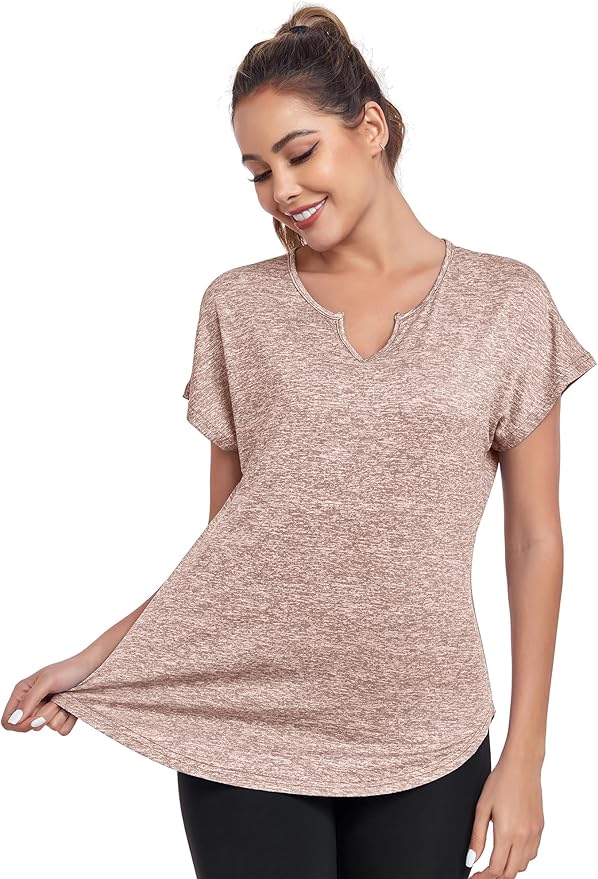 Women's Short Sleeve Workout Shirts V Neck Exercise Yoga Basic Top Quick Dry Side Split