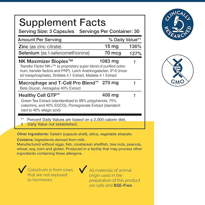 Transfer Factor Multi-Immune Support Supplement - Clinically Researched Immune Support Formula with Colostrum, Mushrooms, Green Tea, and IP-6 - Promotes Healthy NK Cell & T-Cell Function, 90 Capsules