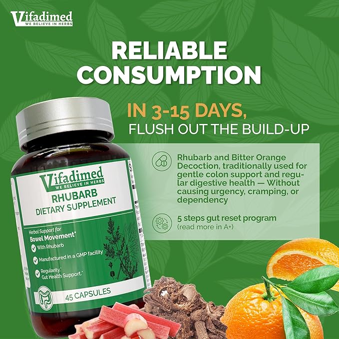 RHUBARB-15 Day Colon Cleanse,Gut Cleanse & Detox,Constipation Relief,Natural Stool softeners, Gentle laxatives, Daily Bowel Movement, Herbal Colon Cleanse Pill, 45 Capsules