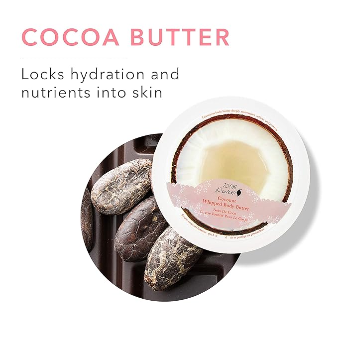 100% PURE Coconut Whipped Body Butter, Body Lotion for Dry Skin, Made with Shea Butter, Cocoa Butter, Moisturizing Body Cream, Natural Lotion - 3.4 oz
