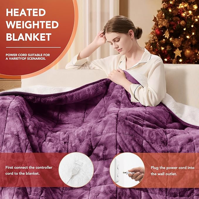 Homemate Heated Weighted Blanket for Adults - 62"x84" 20lbs Electric Throw Fast Heating Heavy Blanket 1/2/4/6/8 Hour Auto Off 10 Heat Levels Over-Heat Protection Soft Flannel Sherpa
