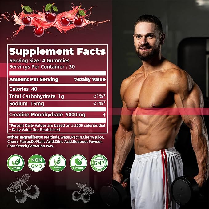 Nutravita Creatine Monohydrate Gummies for Men & Women-5g of Creatine Monohydrate per Serving - Sugar Free,Vegan, Cherry Flavor, 120 Count