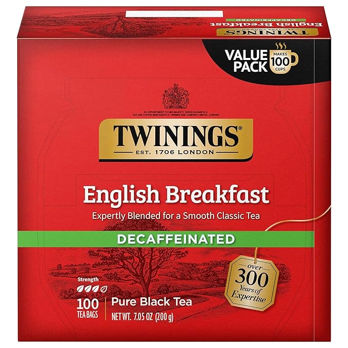 Twinings Decaffeinated English Breakfast Black Tea Individually Wrapped Bags, 100 Count (Pack of 1), Smooth, Flavourful Black Tea, Enjoy Hot or Iced, 100 Teabags