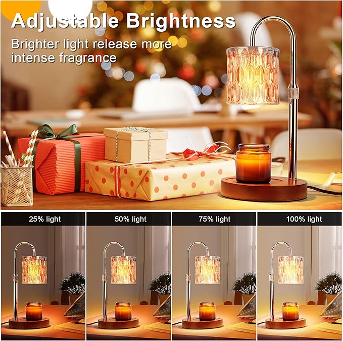 Candle Warmer Lamp with Timer, Dimmable Candle Warmer Lamp, Adjustable Height Candle Lamp, Electric Candle Lamp Warmer with 2 Bulbs, Candle Warmer Lamp for Home Bedroom Decor (Wooden Base)