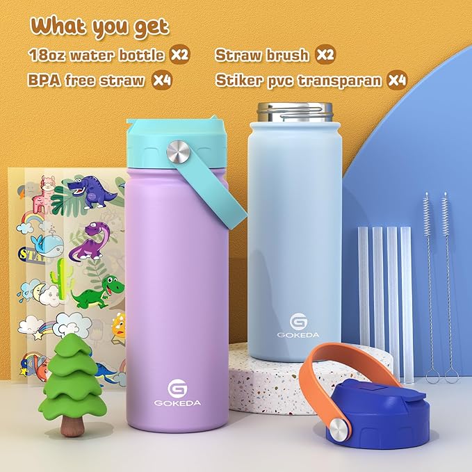 GoKEDA 18oz Kids Water Bottle, 2 Pack Insulated Bottles with Stickers, 18/8 Stainless Steel Vacuum Leak Proof Straw Cup for School, Gifts for Girls(Light Blue, Purple)