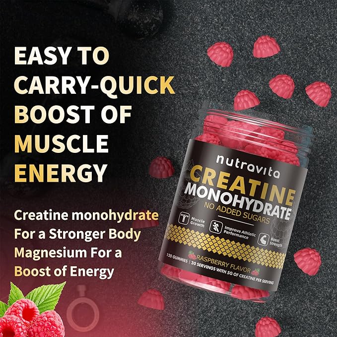 Nutravita Creatine Monohydrate Gummies for Men & Women-5g of Creatine Monohydrate per Serving - Sugar Free,Vegan, Raspberry Flavor, 120 Count