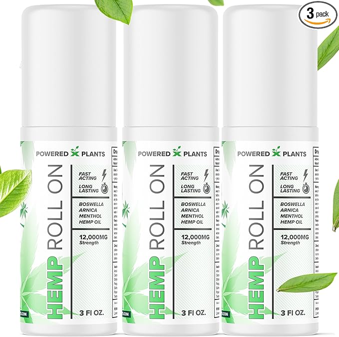 Hemp Oil Roll On - Menthol Rub with Boswellia & Arnica - 12,000mg Extra Strength Oil for Muscle Discomfort by Powered X Plants - Pack of 3, 3 fl.oz.