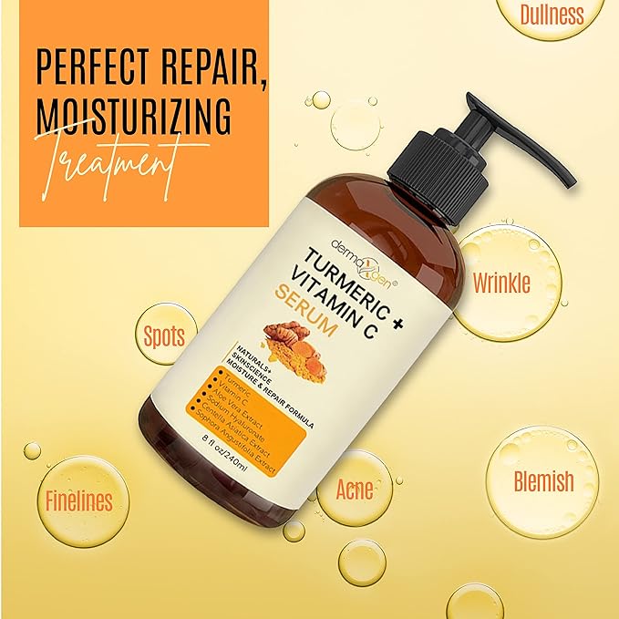 Turmeric Serum for Face + Glow-Boosting Vitamin C Serum - Organic Moisturizer for Dark Spots & Clear Wrinkles - Boosts Hydration for Dry & Tired Skin - Anti-Aging Formula for Glowing Skin - 8 FL OZ
