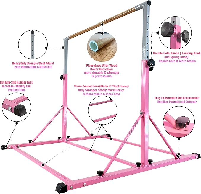 Gymnastic Bar for Kid and Teenage Ages 3-25, 5 FT / 6 FT Base Length, 5 FT / 6 FT Height, Gymnastic Kip Bar Horizontal Bar for Gymnast, Gymnastic Training Equipment for Home and Club Use