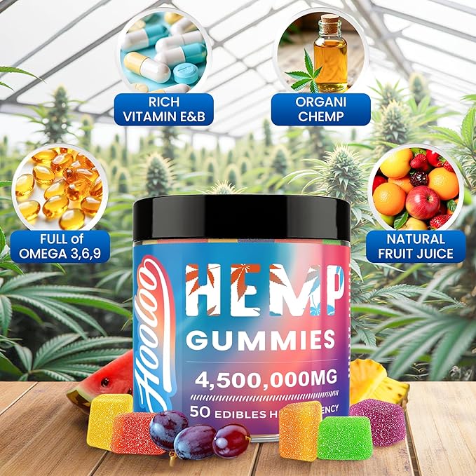 HOOLOO Hemp Gummies for Deep Bedtimes, Unwind, Focus - 6 Fruity Flavors Big Cubes Gummy Infused Vitamins Omega 3 - Extra Stength 4,500,000mg for Adults - Made in USA