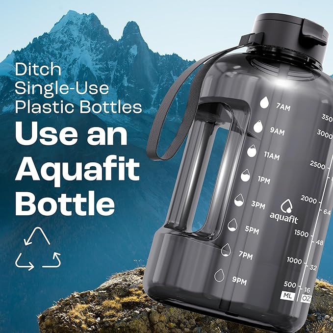 AQUAFIT 1 Gallon Water Bottle with Time Marker - Straw & Chug Lid - BPA Free Gym Water Bottle with Straw - Big Gallon Jug (Gray, 128 oz - 2 Lids)