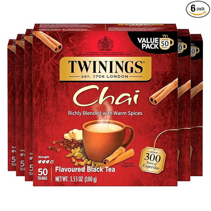 Twinings Chai Black Tea Individually Wrapped Bags, 50 Count (Pack of 6), Sweet, Savoury Spices, Caffeinated, Enjoy Hot or Iced, 300 Teabags