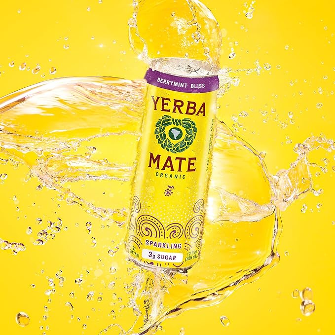 Yerba Madre Organic Sparkling Yerba Mate, Berrymint Bliss, Low Sugar, 80mg Natural Caffeine, Smooth Energy & Focus, Carbonated, 12 Oz (Pack of 12) (Packaging May Vary)