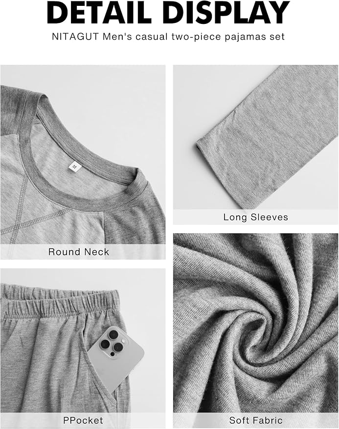NITAGUT Men's Pajama Set Long Sleeve Sleepwear 2 Piece Loungewear with Pockets Soft Comfy Nightwear