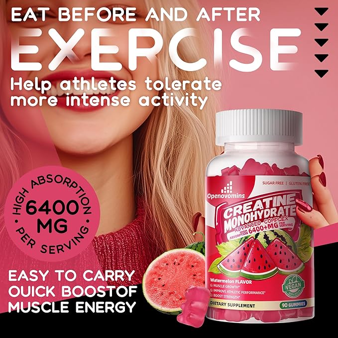Creatine Monohydrate Gummies Complex for Men & Women -Advanced Formula W/L-Taurine + Vitamin B12, Sugar Free Chewable Supplement,90 Watermelon Gummies