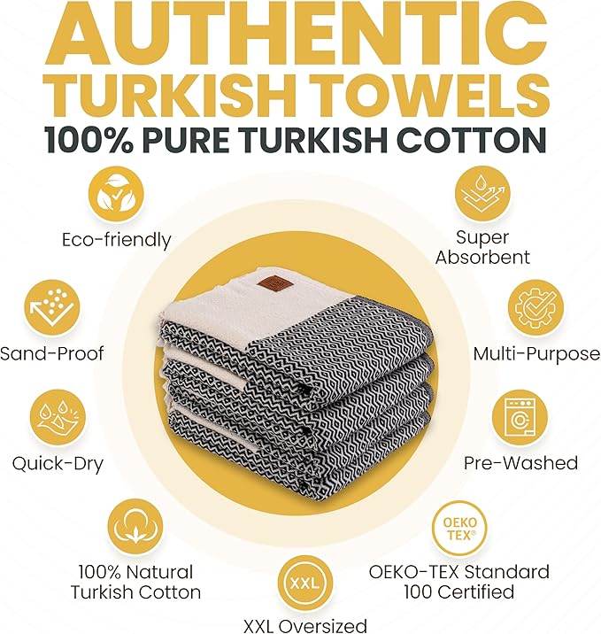 Gold CASE Turkish Beach Towel Set of 4 – 100% Cotton Large Turkish Bath Towels 67 x 38'' – Zeus Extra Large, Quick Dry & Sand Free Towels – Peshtemal for Pool – Black