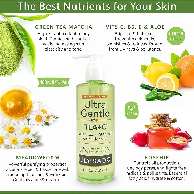 LILY SADO TEA+Cโข Green Tea & Vitamin C Face Cleanser โ Natural Vegan Antioxidant Daily Face Wash with Aloe, Rosehip, Meadowfoam - Gentle Deep Cleansing for Acne, Blackheads, Blemishes. 8 oz