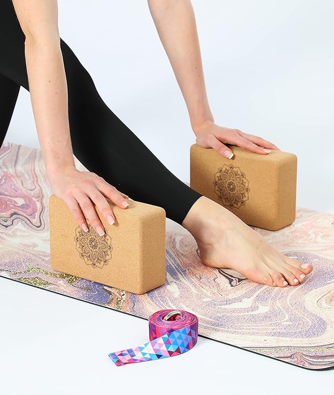 Aozora Cork Yoga Block Sustainable & Eco Friendly 2 Pack and Yoga Strap Set Made of The Finest Natural Cork for Better Support, Balance & Comfort