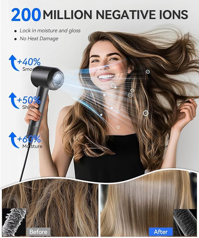 Hair Dryer, 140, 000 RPM High Speed Blow Dryer for Fast Drying, Negative Ionic Hair Dryers for Women, Thermo Control Lightweight Hairdryer for Home and Travel Black
