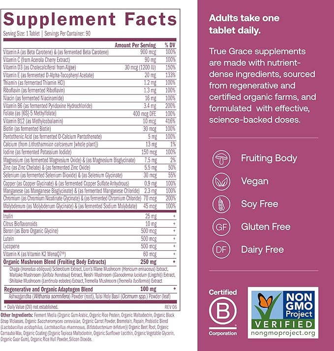 True Grace One Daily Women’s Multivitamin 40+ Fermented Minerals, Organic Adaptogens & Mushrooms Energy, Immune, Bone Support - Non-GMO - Iron, Gluten & Soy Free - 90 Vegan Tablets