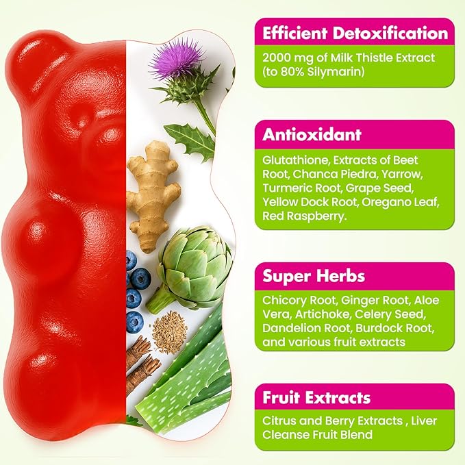 Liver Cleanse Detox & Repair Gummies, 2000 mg Milk Thistle Supplement with Dandelion Root, Glutathione & Artichoke, 23-in-1 Herbal Formula for Liver Detox & Health, Sugar-Free, Vegan, 60 Gummies