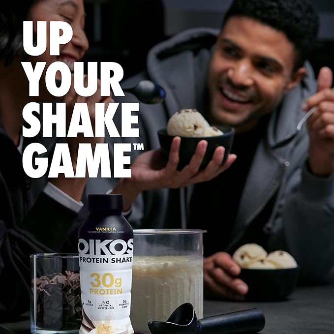 Oikos Protein Shake, Vanilla, 30g High Protein Drinks, Shelf Stable, Ready to Drink, 5g Prebiotic Fiber, 12 fl oz Bottle, 12 Count