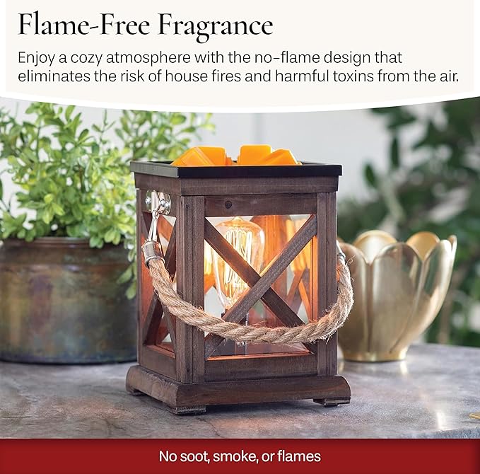 Candle Warmers ETC. Vintage Bulb Illumination Fragrance Warmer- Light-Up Warmer for Warming Scented Candle Wax Melts and Tarts to Freshen Room, Walnut & Rope