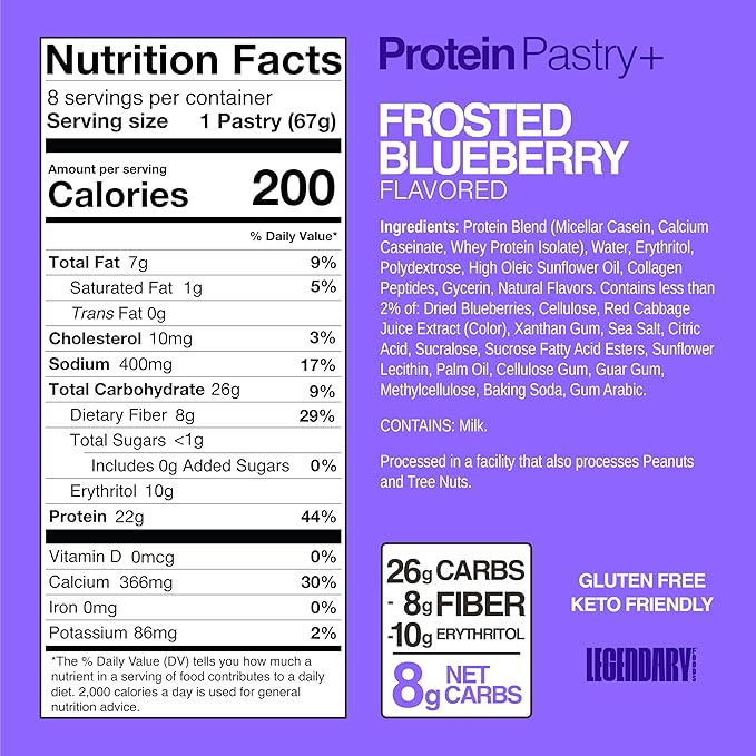 Legendary Foods 22g Protein Pastry+ Blueberry, Low Carb Meal Replacement Bar - Low Glycemic, Gluten Free Protien Snacks - Healthy Keto Snack Box 8 Zero Sugar Energy Bars - Bariatric Diabetic Friendly