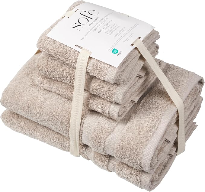 SOFE H&L | Olea Luxury Turkish Cotton Bath Towels Set of 6 : 2 Bath Towels 2 Hand Towels 2 Wash Cloths, Sand | Thick, Premium, Soft, Durable, Absorbent - Hotel Quality Towel Sets for Bathroom