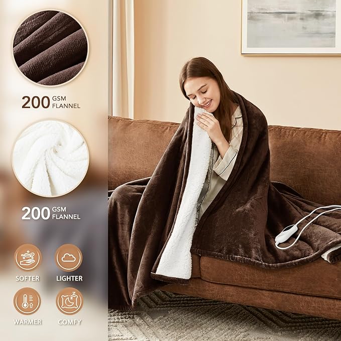 Homemate Electric Heated Blanket Twin Size - 62"x84" Heating Blanket Twin Size 1/2/4/6/8 Hours Auto-Off 10 Heat Level Over-Heat Protection Flannel Sherpa ETL Certification