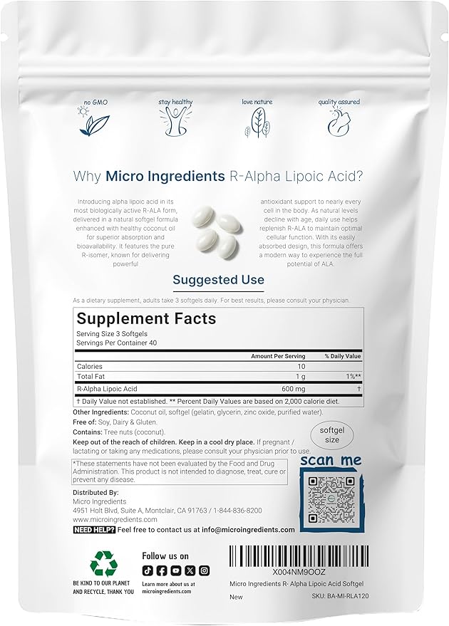 R Alpha Lipoic Acid 600mg with Coconut Oil, 120 Softgels | Highly Bioavailable Active Form | ALA Supplement for Antioxidants, Nerve, Heart, & Liver Support | Non-GMO, Gluten Free, No Soy