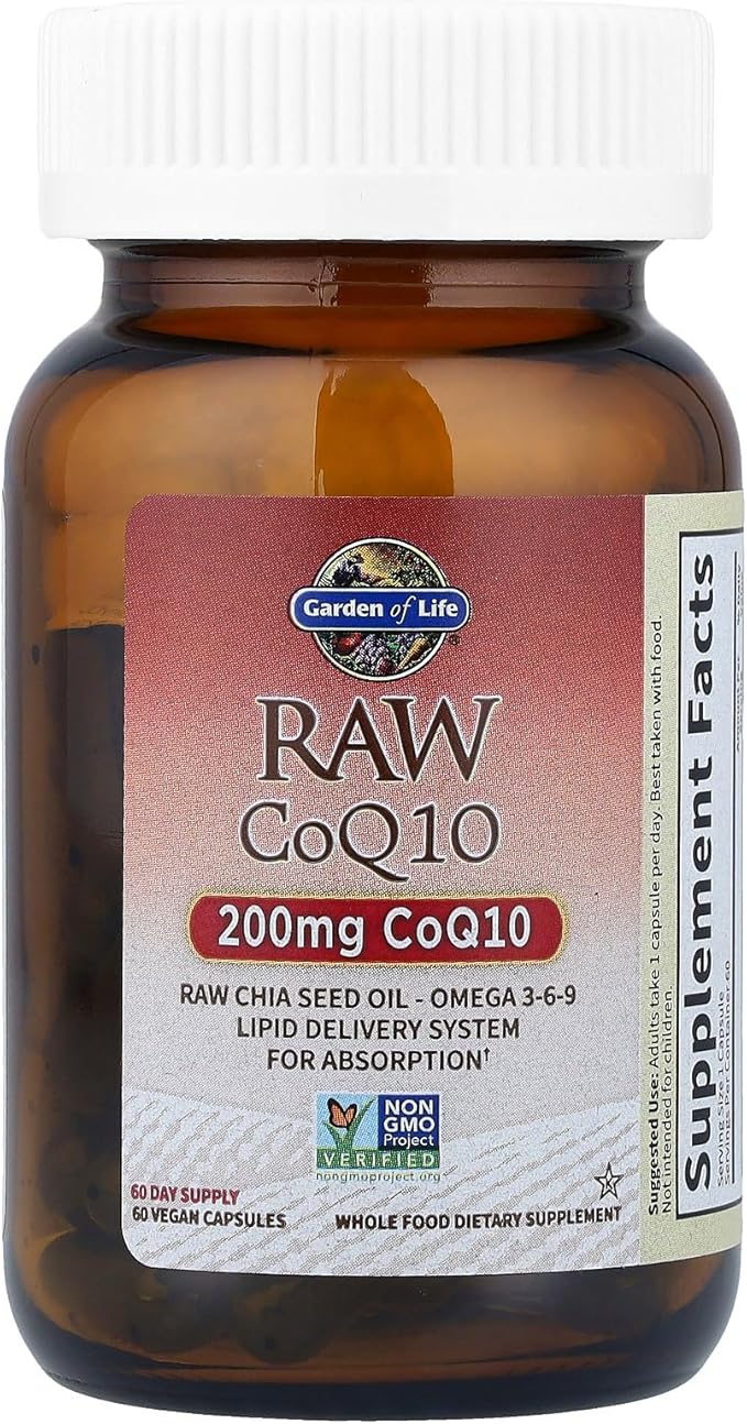 Garden of Life CoQ10 200mg, Vegetarian Omega 3 6 9 Supplement Raw Co Q 10 Chia Seed Oil, Whole Food Nutrition with Antioxidant Support, Coenzyme q10 Supplement for Heart Health, 60 Capsules