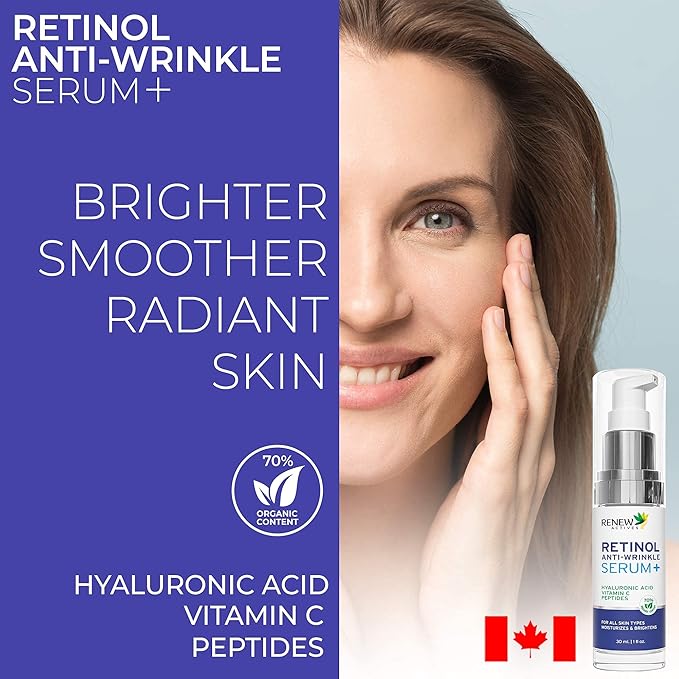 RENEW ACTIVES Retinol Facial Serum with Hyaluronic Acid & Vitamin C – Hydrating & Nourishing Formula for Youthful Skin – Reduces Fine Lines & Wrinkles – For All Skin Types – Made in Canada – 30ml
